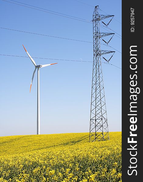 Wind Turbine Standing In A Field Of Yellow Rapeseed. Wind Turbine Standing In A Field Of Yellow Rapeseed