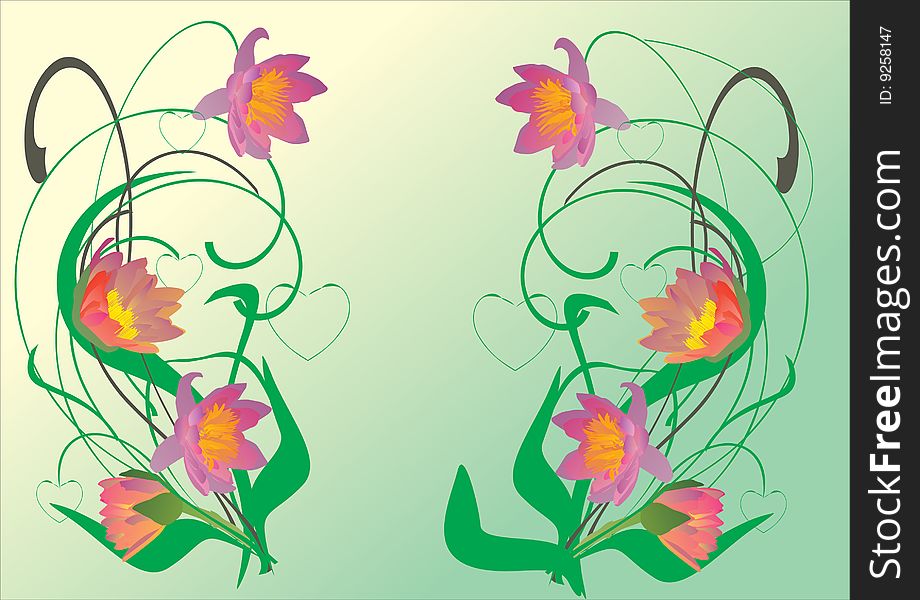 Illustration with red and green lily decoration on light background