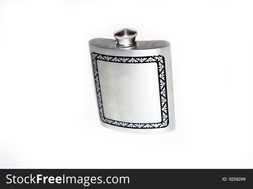 Silver whiskey flask on white background.