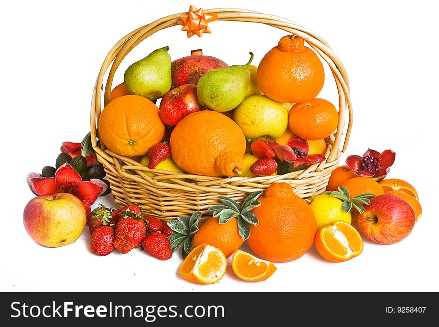 Background with   orange,apple,strawberry and pear in backet. Background with   orange,apple,strawberry and pear in backet