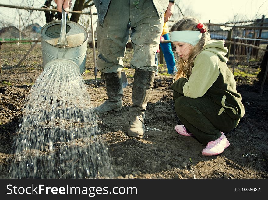 An old peasant with a watering-can  watering the soil in his kitchen garden and  her little  granddaughter watching  him. An old peasant with a watering-can  watering the soil in his kitchen garden and  her little  granddaughter watching  him