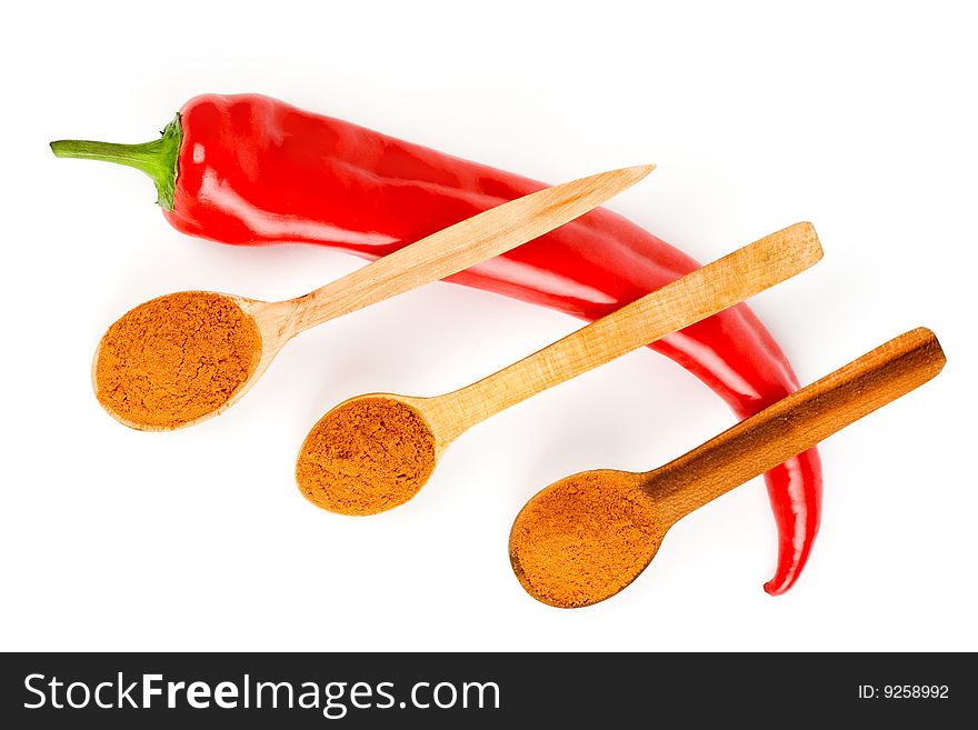 A composition of a pod of red chili and three wooden spoonful of ground red pepper across it on a white background