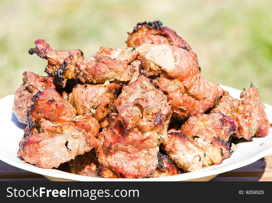 Shish kebab preparation on a brazier. Outdoor picnic.