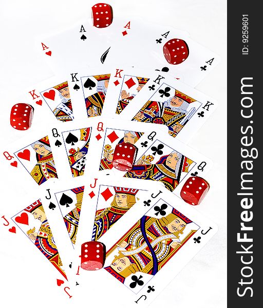 Playing cards and six dice