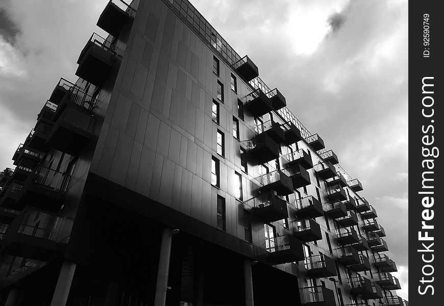 Black and white of an apartment exterior. Black and white of an apartment exterior.