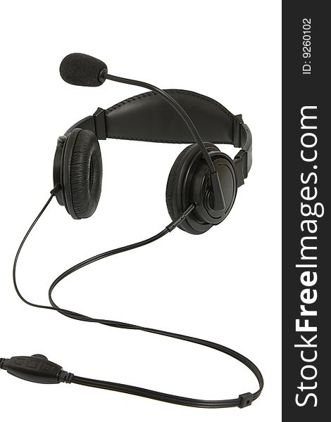 Black headphone with microphone on white background