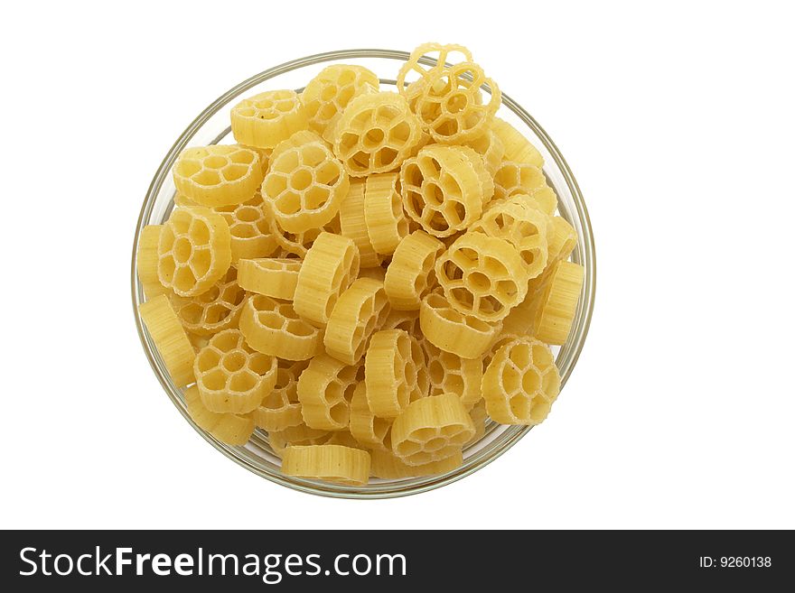 Macaroni in glass container isolated on white with clipping path