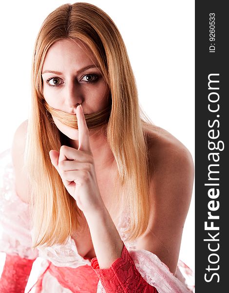 Woman Silenced By Her Own Hair Giving A Shh Sign