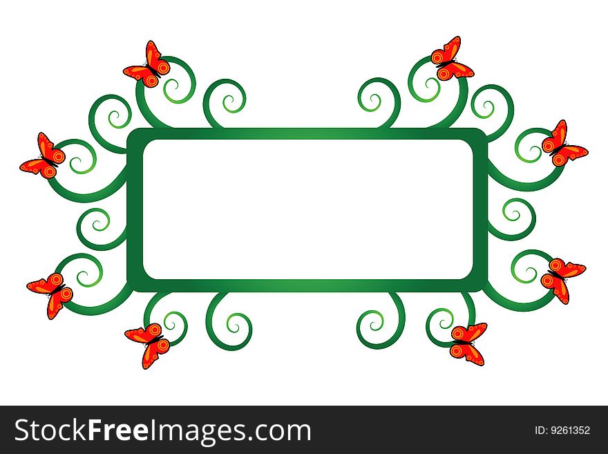 Green frame with butterfly isolated on white
