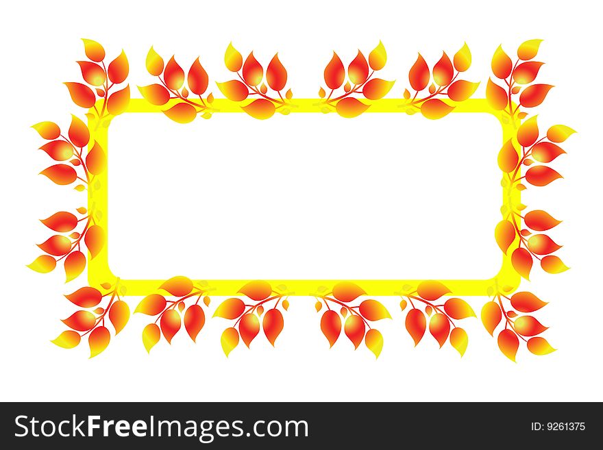 Abstract yellow frame with leaves isolated on white