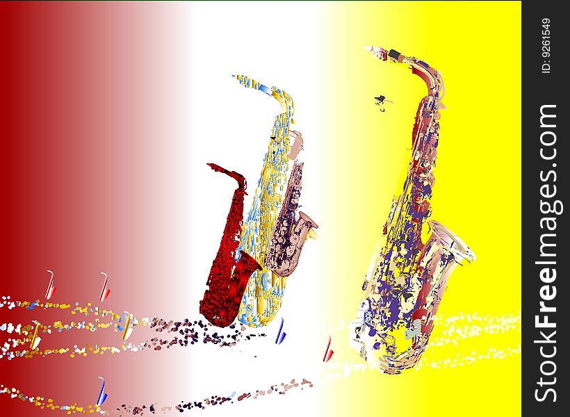 Uniquely distinct abstract saxophones migrating across a wave of small saxophones and dreamy particles. Uniquely distinct abstract saxophones migrating across a wave of small saxophones and dreamy particles