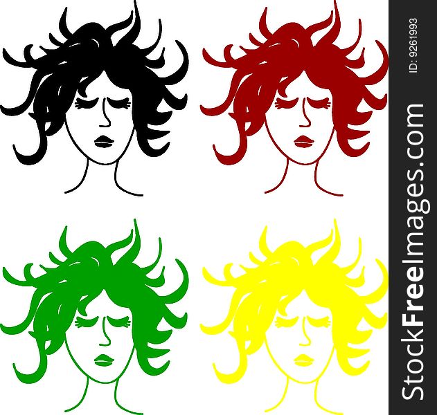 Vector illustration. 4 heads (black, red, green, yellow). Vector illustration. 4 heads (black, red, green, yellow)