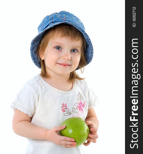 Little girl with green apple isolated on white background. Little girl with green apple isolated on white background