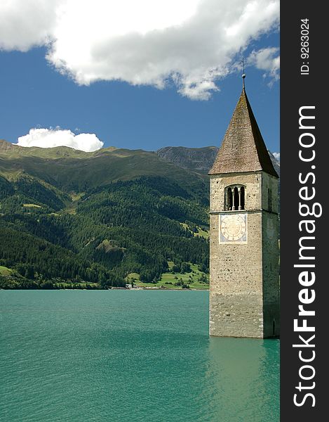 Flooded tower of the reschensee church. Flooded tower of the reschensee church