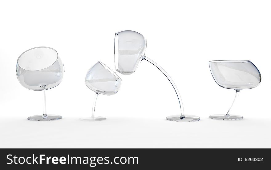 Four wineglasses moving around on white. Four wineglasses moving around on white