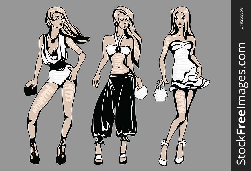 The sketch of a summer female fashion. Linear drawing