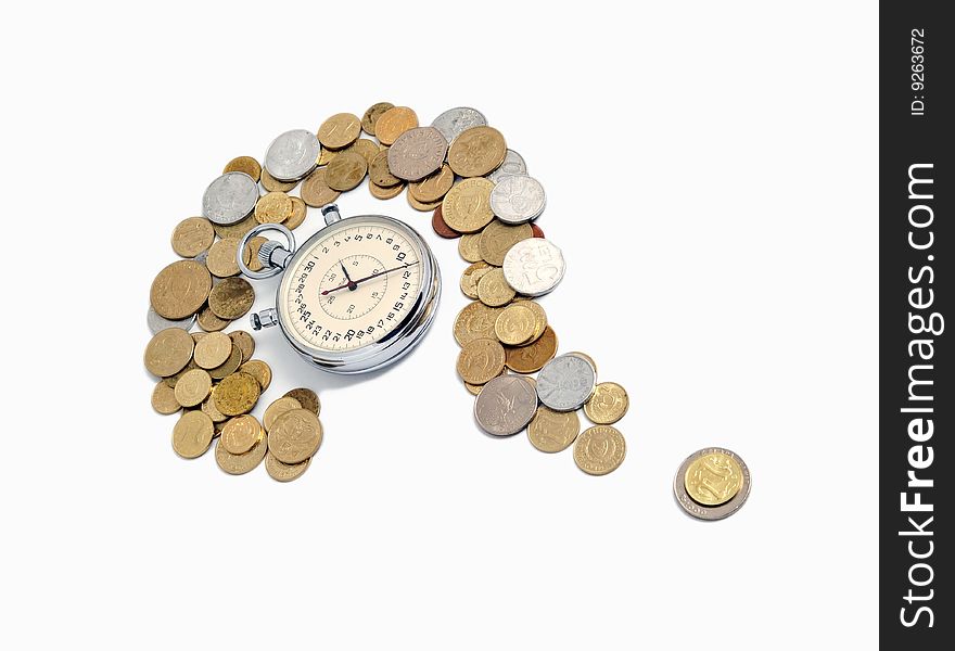 Coins forming a question mark surrounding a stopwatch on a white background. Coins forming a question mark surrounding a stopwatch on a white background