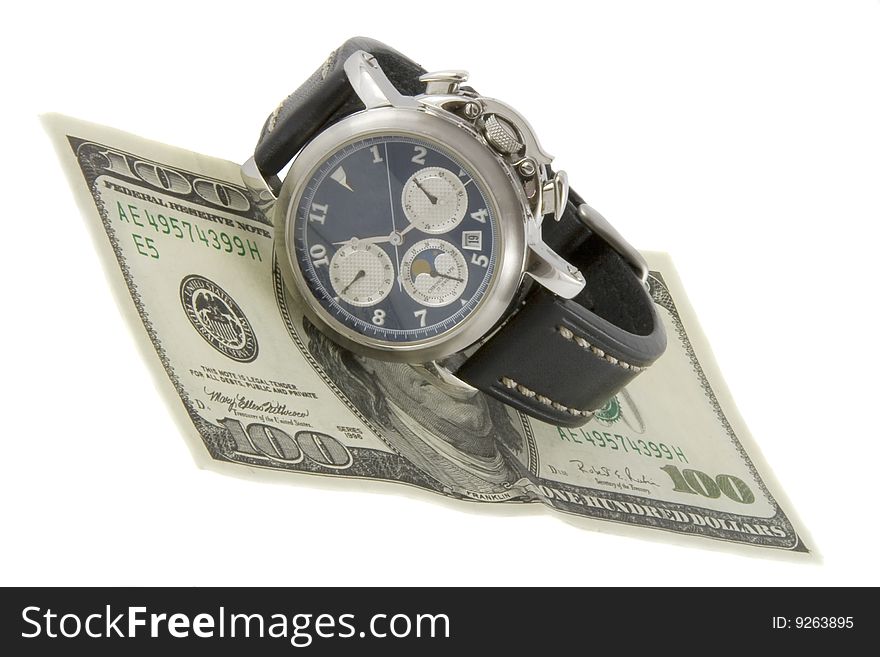 Time Is Money. Watch And Hundred Dollars Banknote