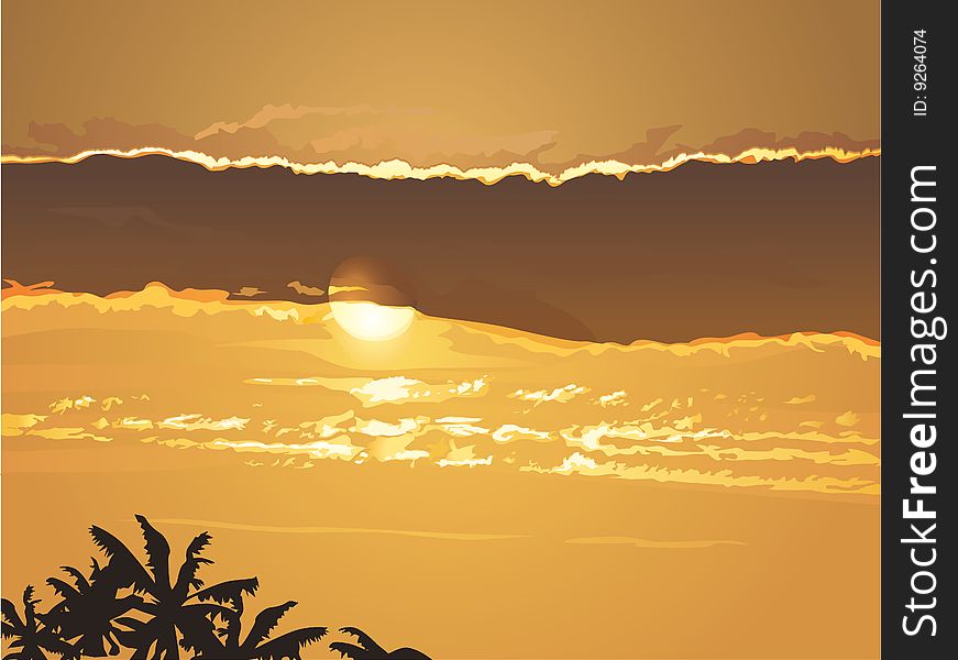 Beautiful sunset on tropical beach with palm silhouettes. Made only with simple gradients.