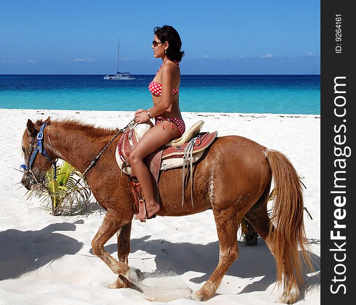 The girl having a fun on a horseback on Cozumel island beach, Mexico. The girl having a fun on a horseback on Cozumel island beach, Mexico.