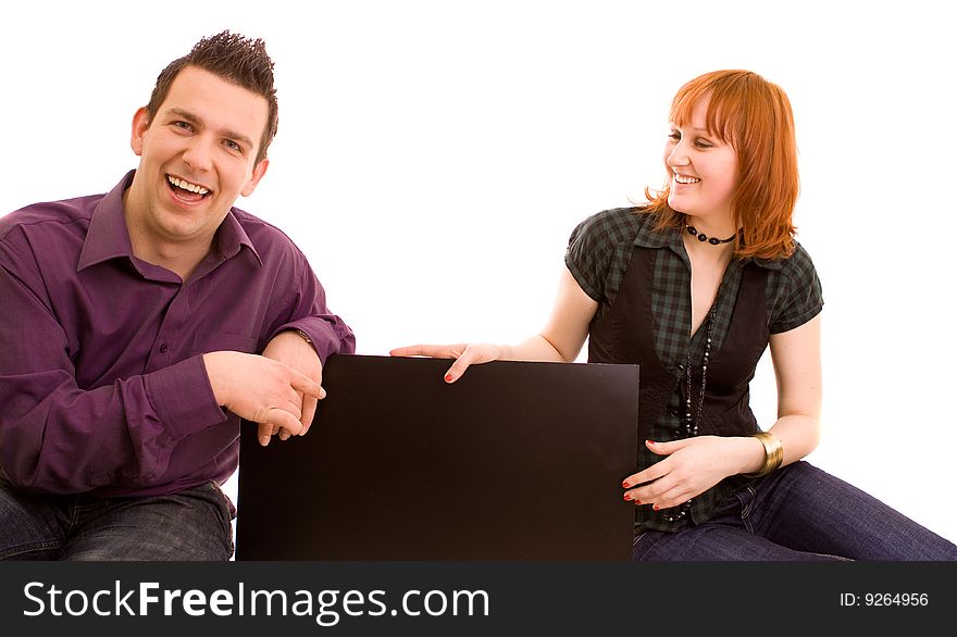 Couple with banner on white background