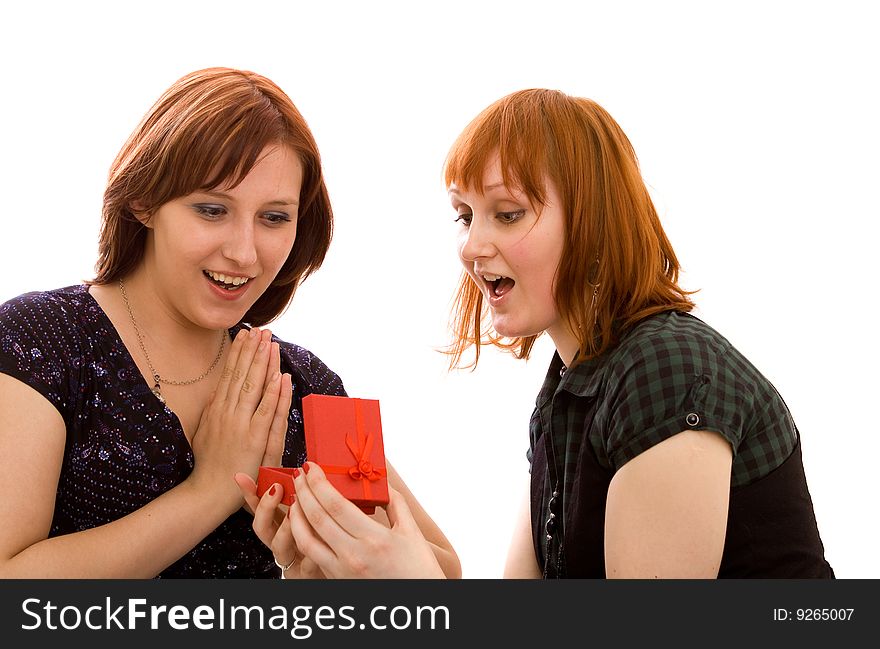 Friends with present on white background