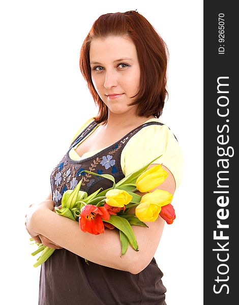 Woman with flowers on white background