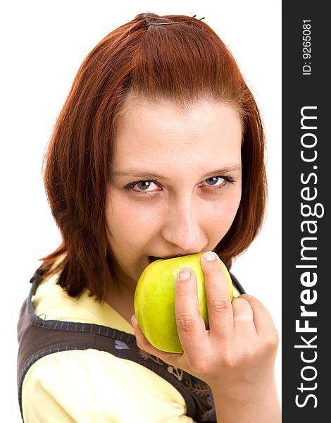 Woman eating vegetables on white background