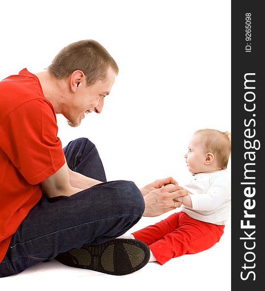 Men and his baby on white background. Men and his baby on white background