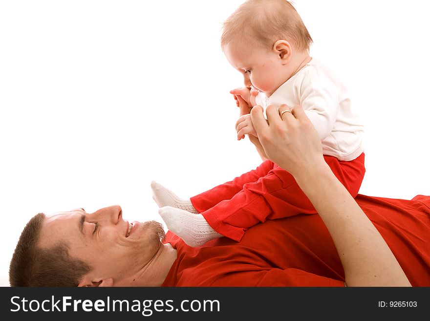 Men and his baby on white background. Men and his baby on white background