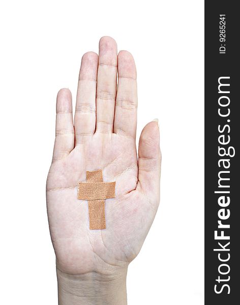 Female hand with plaster cross on white background
