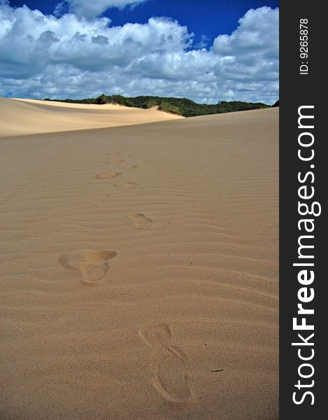 Footprints on the sand dune. Footprints on the sand dune