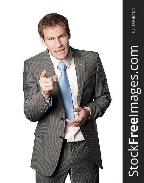 An animated business man pointing at something