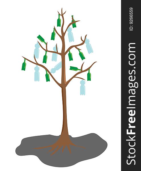 Tree with bottle leaves, pollution ecology concept