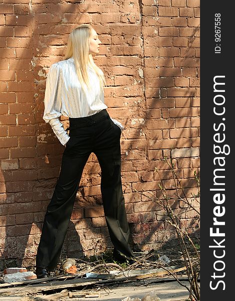 Woman in business dress posing at the brick wall. Woman in business dress posing at the brick wall