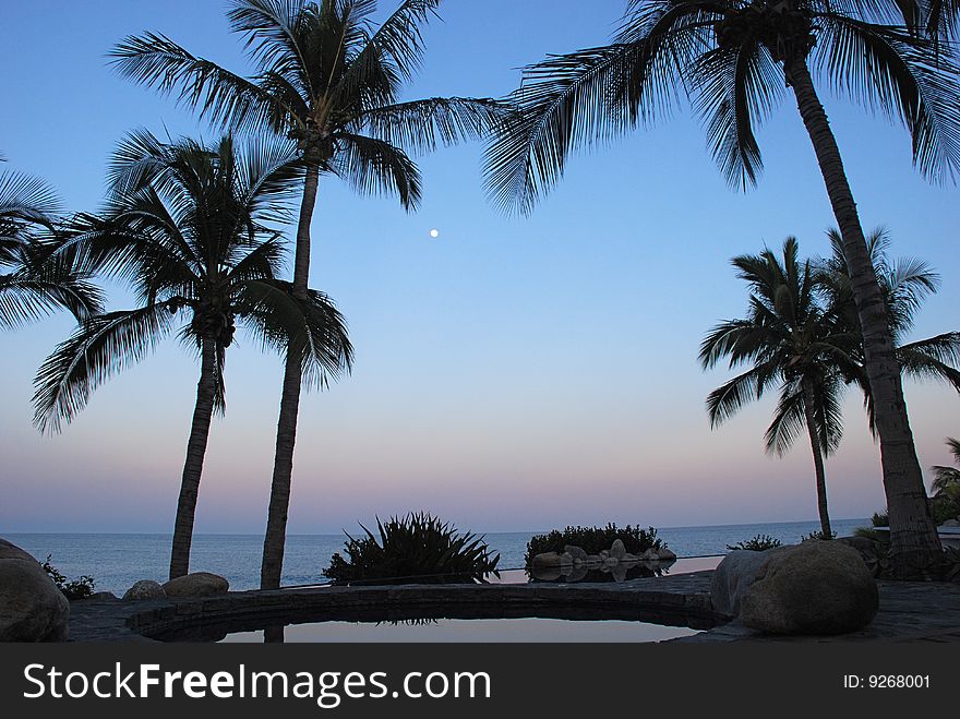 Sunset and moonrise at Pool Los Cabos Mexico 3