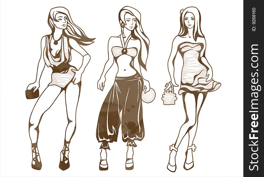 The sketch of a summer female fashion. Linear drawing