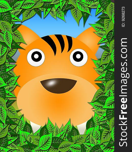 Tiger framed portrait of the leaves. cartoon style illustration. Tiger framed portrait of the leaves. cartoon style illustration