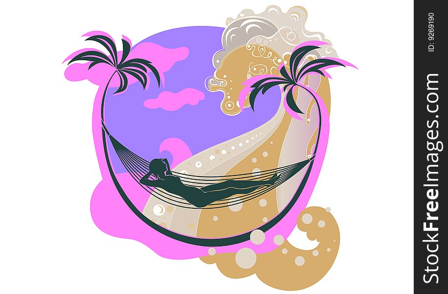 Vector illustration of beautifull young woman on the beach, resting in the hammock. Vector illustration of beautifull young woman on the beach, resting in the hammock.