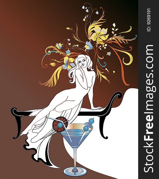 Vector Illuctration of Abstract beautiful girl silhoette, holding the cocktail with flowers in hair