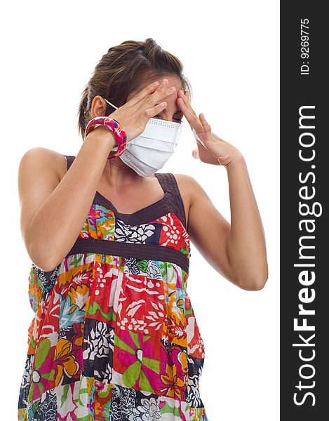 Protective mask on young asian woman, isolated on white