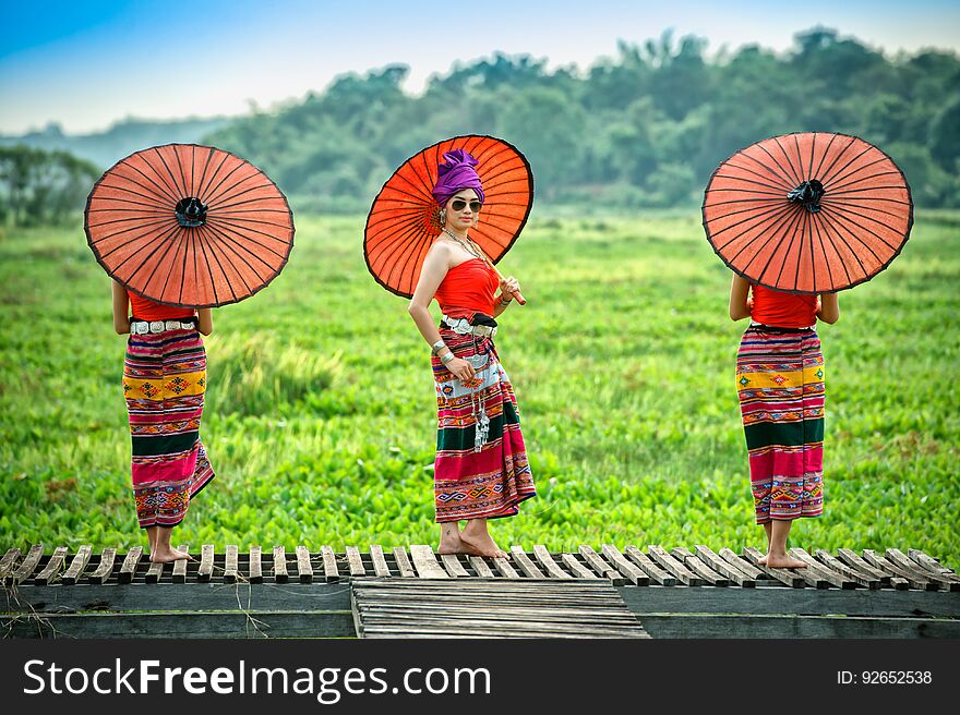 Thai Woman In Traditional Costume With Umbrella Thai Culture St