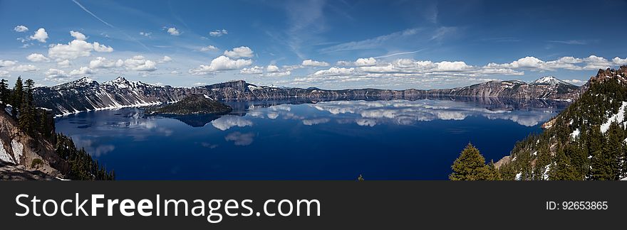 A panorama of a lake in the middle of a mountain range. A panorama of a lake in the middle of a mountain range.