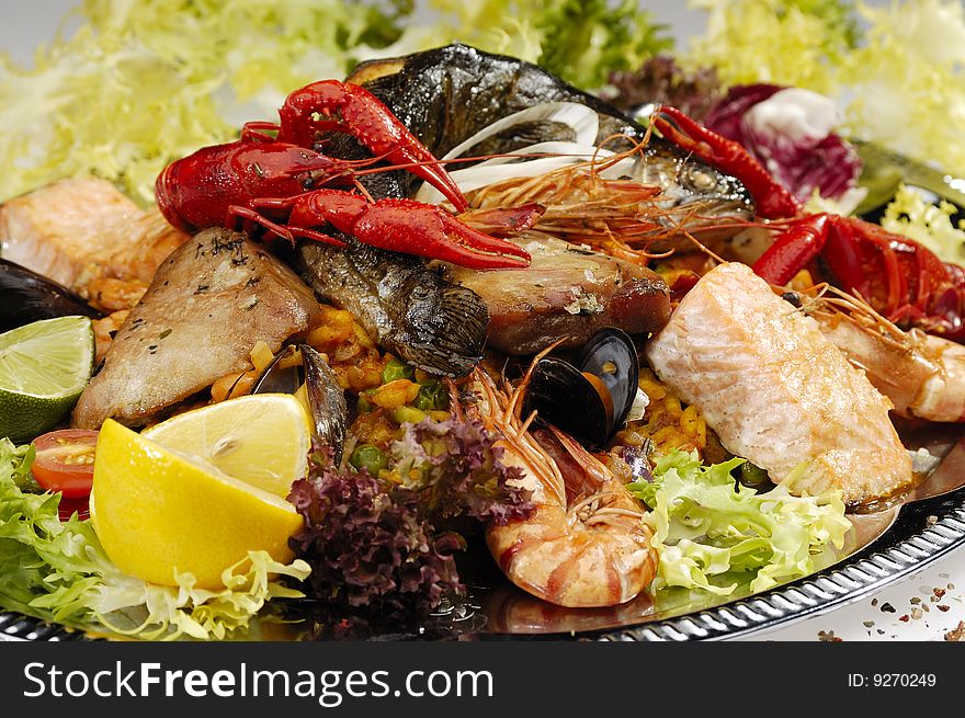 Grillplate from various fish and vegetable. Grillplate from various fish and vegetable