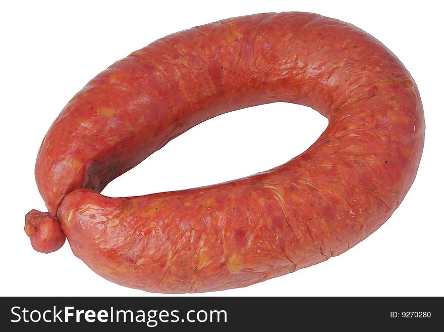 Circle of smoked meat sausage on a white background. Circle of smoked meat sausage on a white background