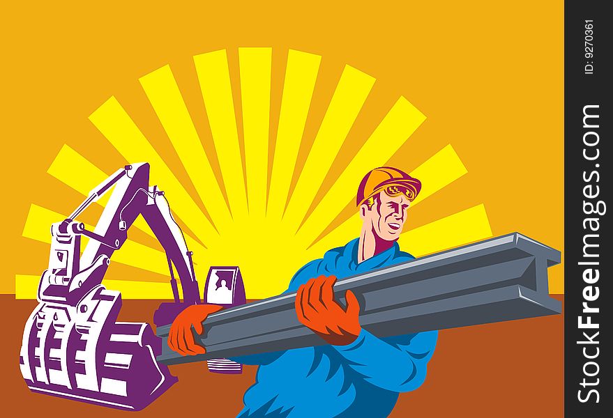 Vector illustration of a Construction worker and mechanical digger with sunburst in the background. Vector illustration of a Construction worker and mechanical digger with sunburst in the background