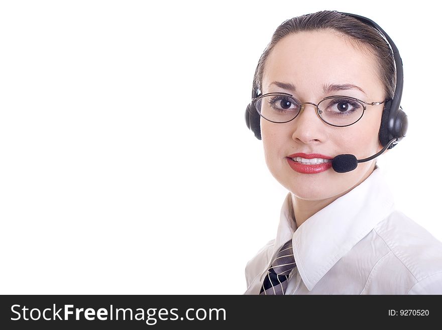 Closeup of young woman against telephone. Closeup of young woman against telephone