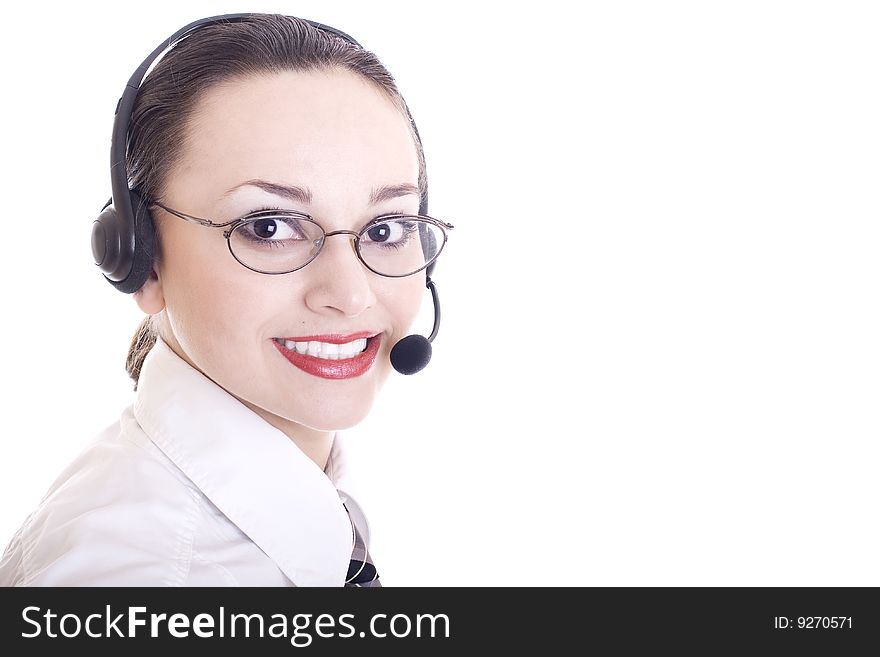 Closeup of young woman against call operator. Closeup of young woman against call operator