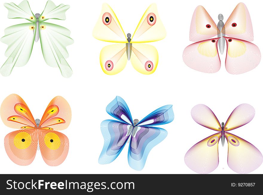 Illustration varicoloured, exotic butterflys on white background