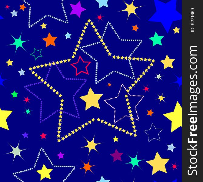 Dark blue seamless background with blue, pink, green and yellow stars (vector). Dark blue seamless background with blue, pink, green and yellow stars (vector)